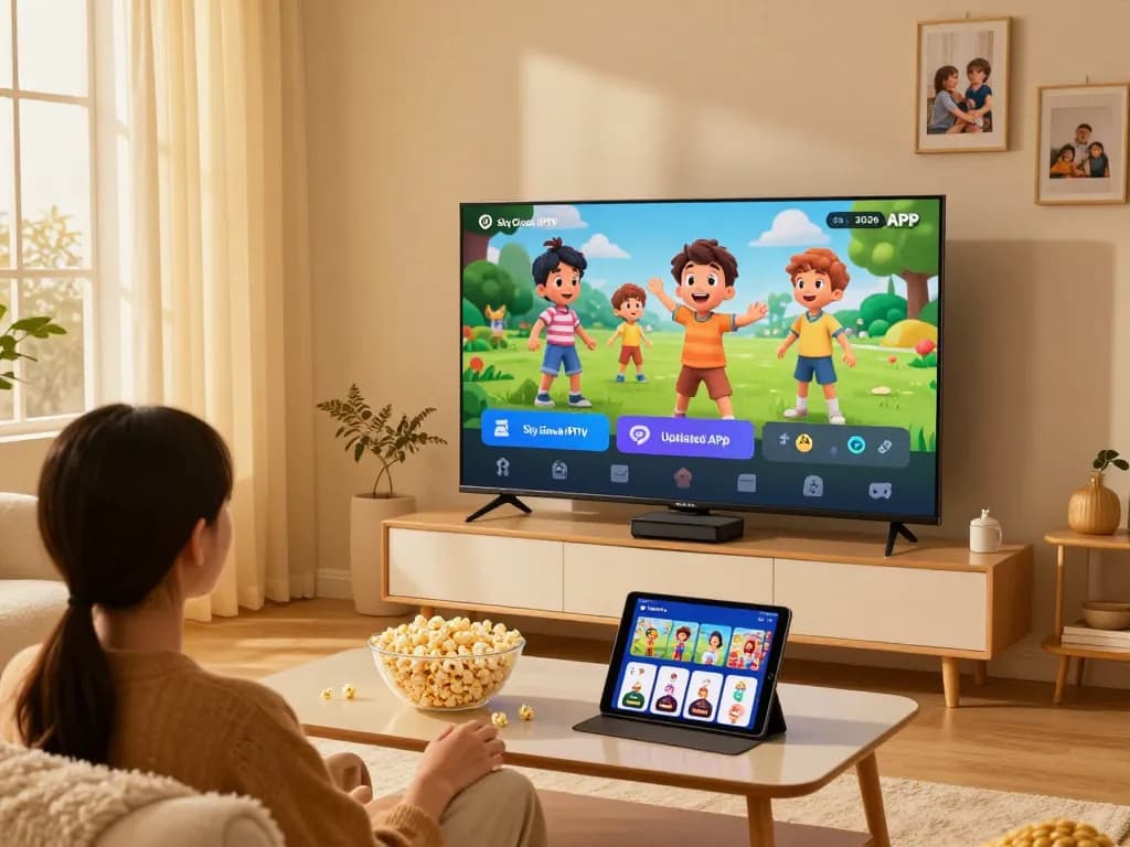 Sky Glass IPTV Updated APP 2026 streaming in a cozy living room setting, capturing family entertainment moments.