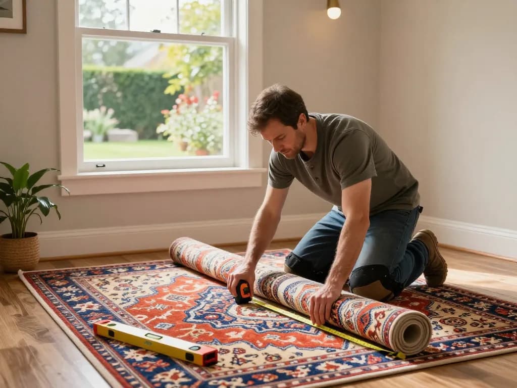 Professional carpet fitters near me installing vibrant carpet in cozy home setting.