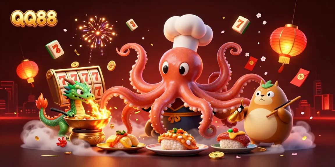 Experience QQ88's dynamic gaming atmosphere with a lively octopus chef and a fiery dragon, promoting exhilarating slots.