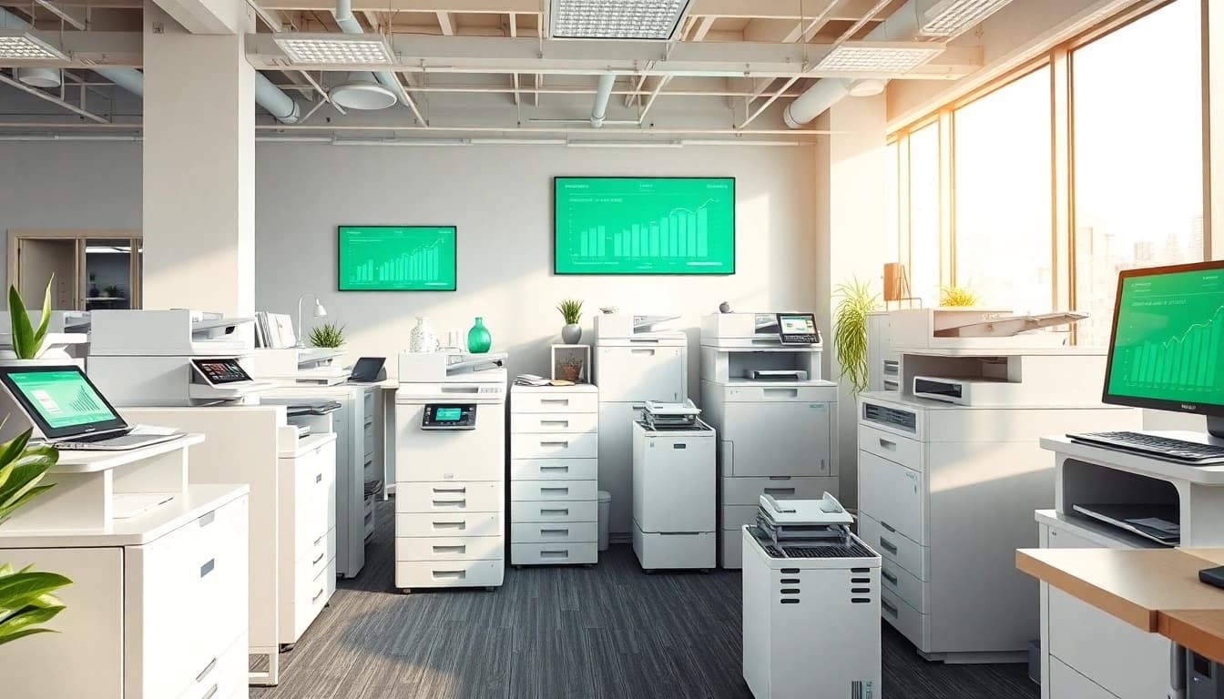Office machines including printers and copiers enhancing workplace productivity.
