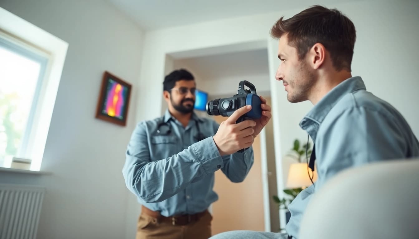 Leak detection technician using thermal imaging technology to find hidden leaks.