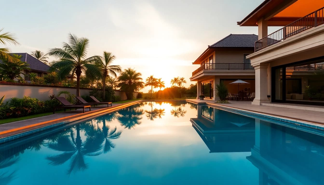 Enhance your investment with expert property management in Phuket, showcasing a tropical villa at sunset.