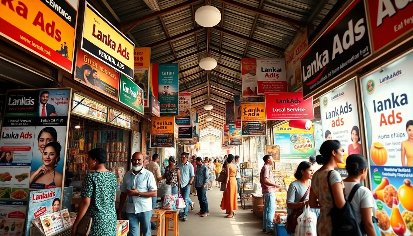 Lanka Ads showcased in a vibrant Sri Lankan marketplace with colorful ads and engaged customers.