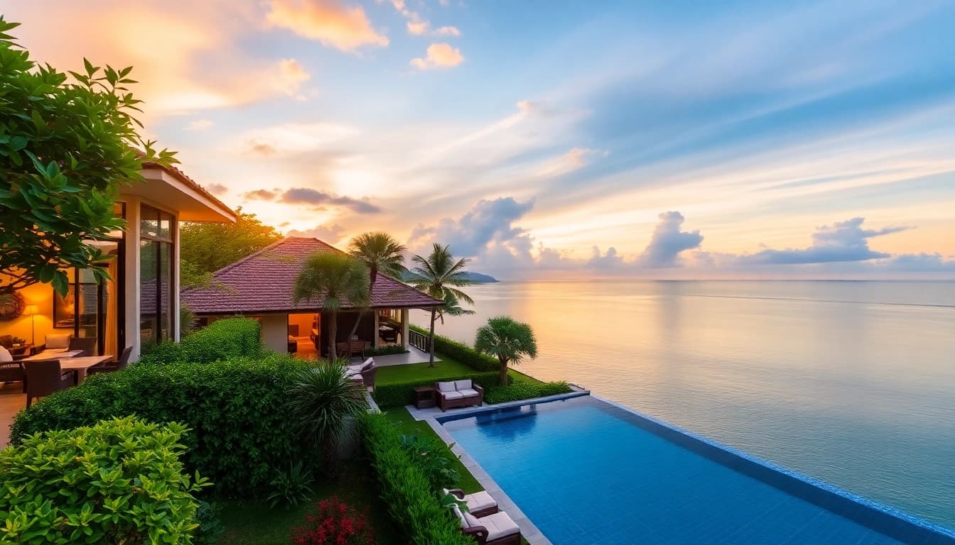 Showcase property management Phuket with a breathtaking sunset villa, highlighting luxury and serenity.