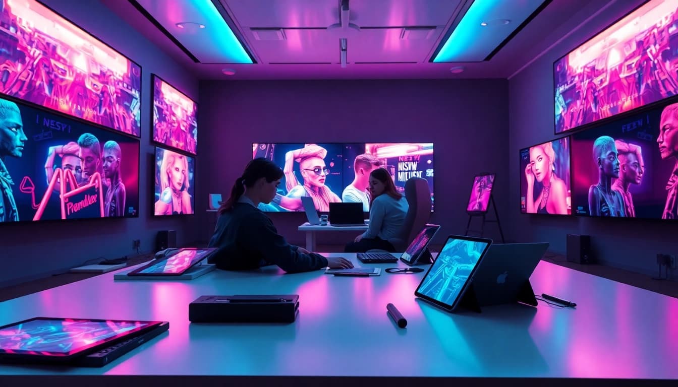 AI NSFW art studio showcasing futuristic digital imagery with creators collaborating.