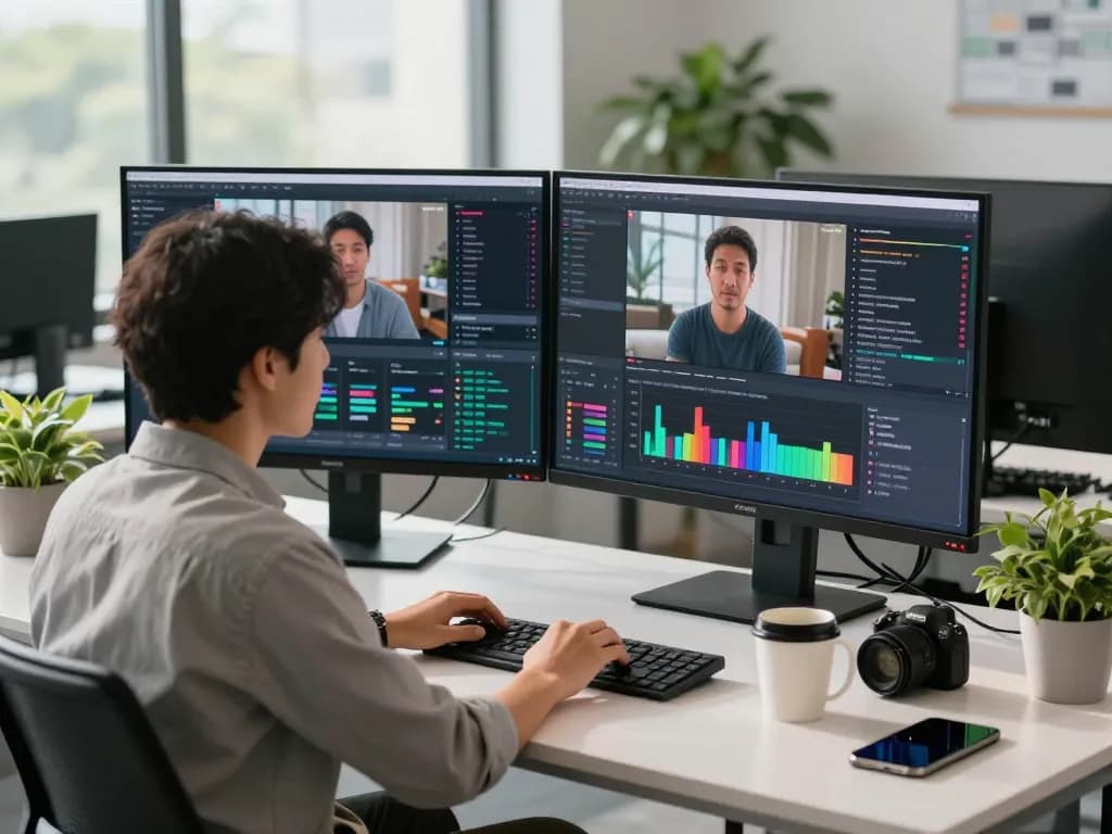 Video to prompt AI generator in a modern office setting, showcasing video analysis and prompt generation with a data analyst focused on detailed results.