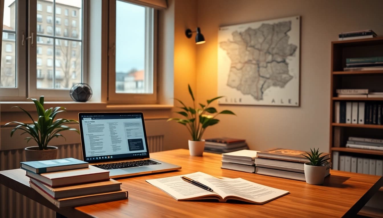 Espace de travail professionnel d'un traducteur assermenté à Lille avec du matériel de traduction et une ambiance chaleureuse.
