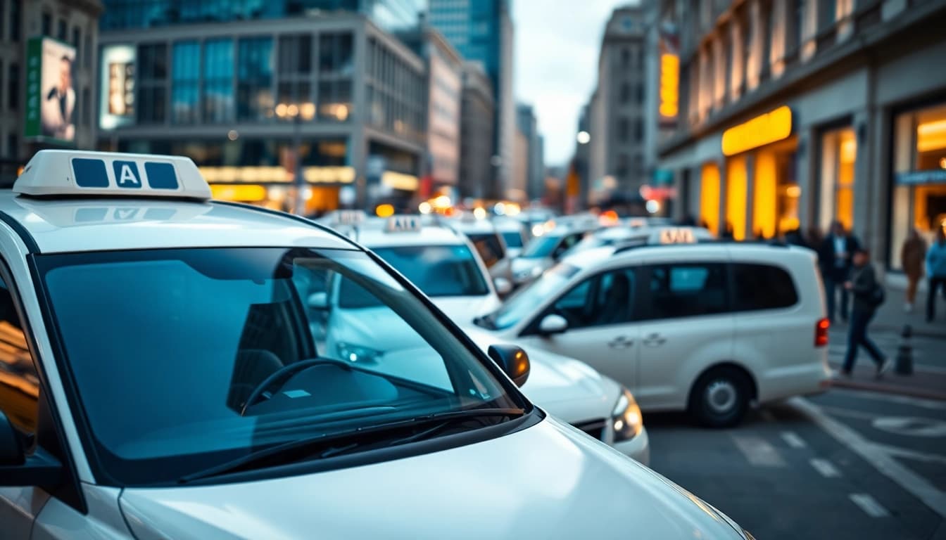 Minicabs parked in a busy urban area, reflecting modern transport options.