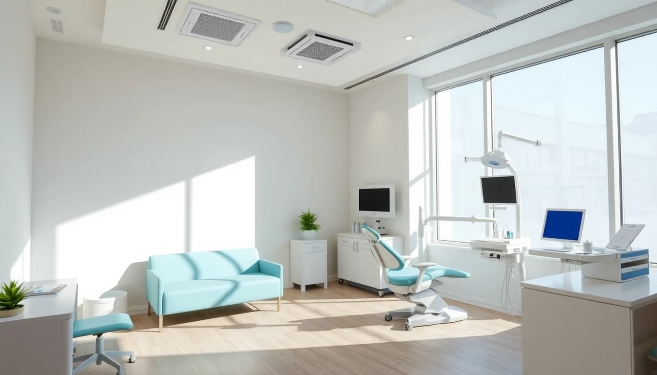 Acquistare uno studio dentistico: layout moderno dell'ufficio odontoiatrico che mostra un'area d'attesa accogliente e attrezzature all'avanguardia.