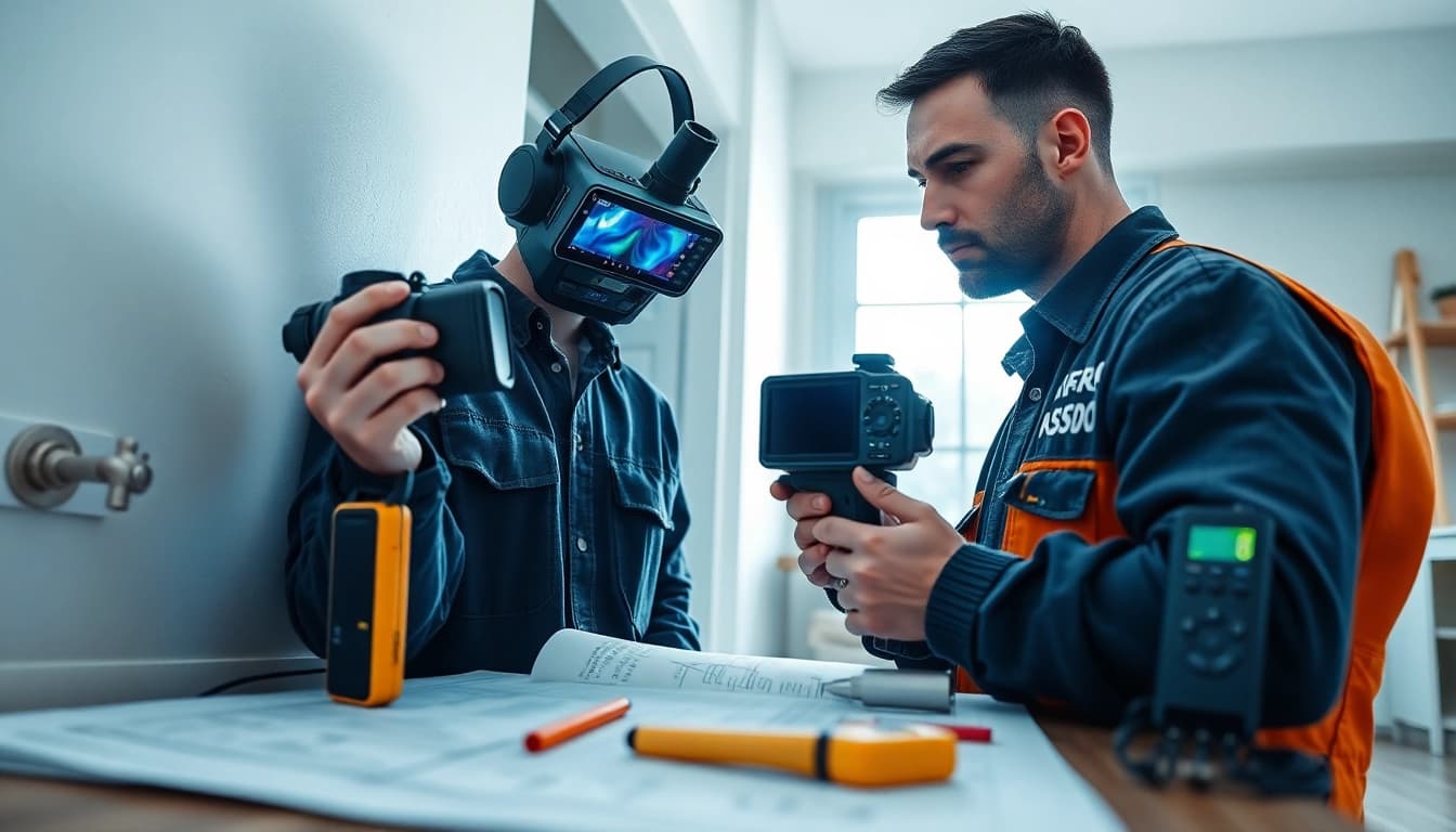 Water leak detection technician using thermal imaging in a home setting to identify leaks accurately.