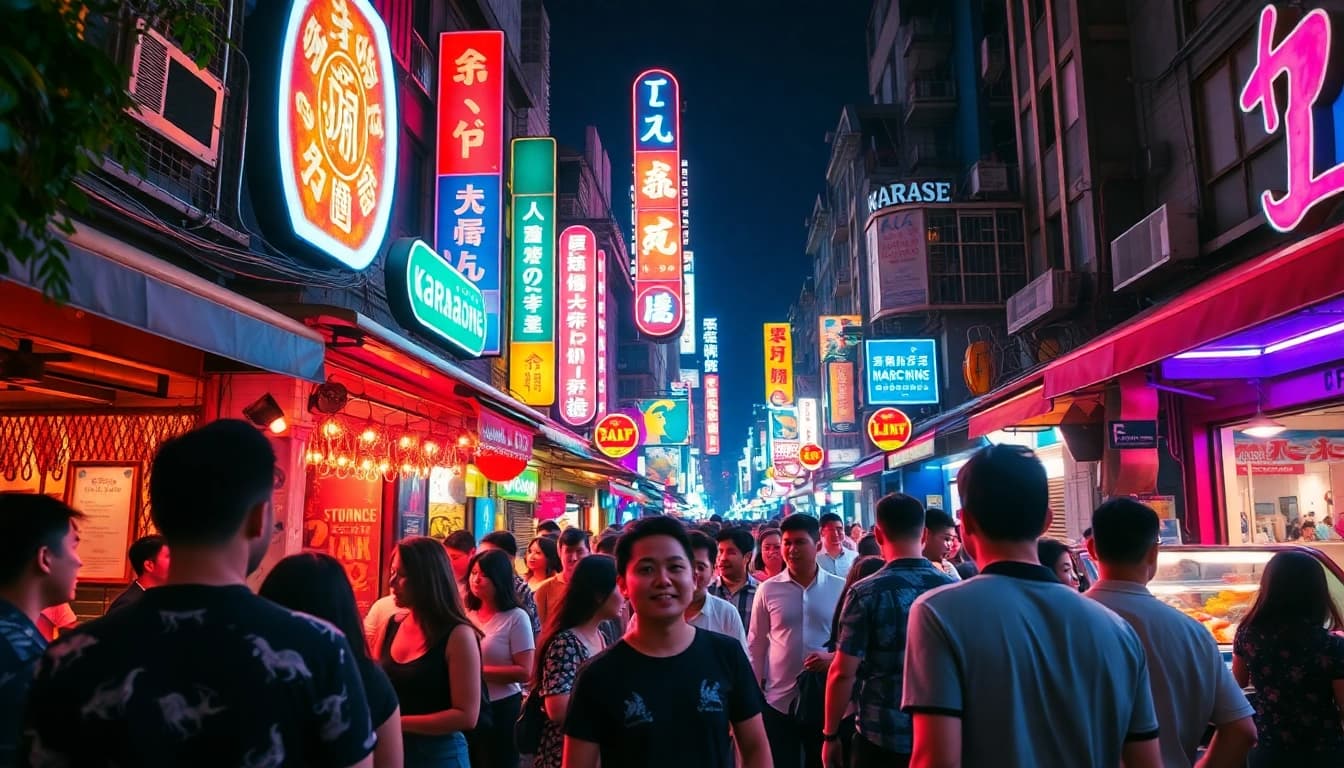 Experience the vibrant 호치민밤문화 with lively bars and karaoke scenes filled with color.