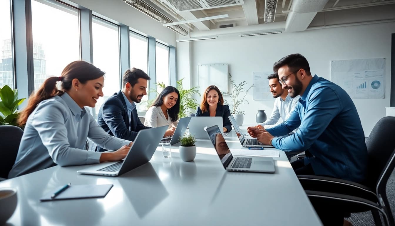在现代办公室环境中使用 WPS Office 软件的一群专业人士。
