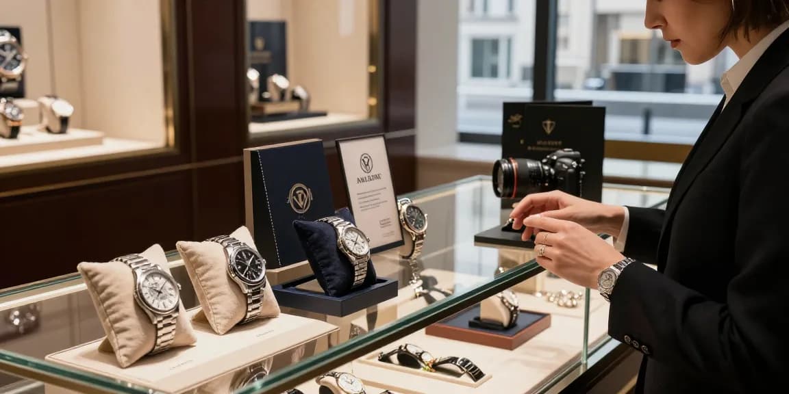 Super clone watches elegantly displayed in a luxurious boutique, showcasing fine craftsmanship and design.