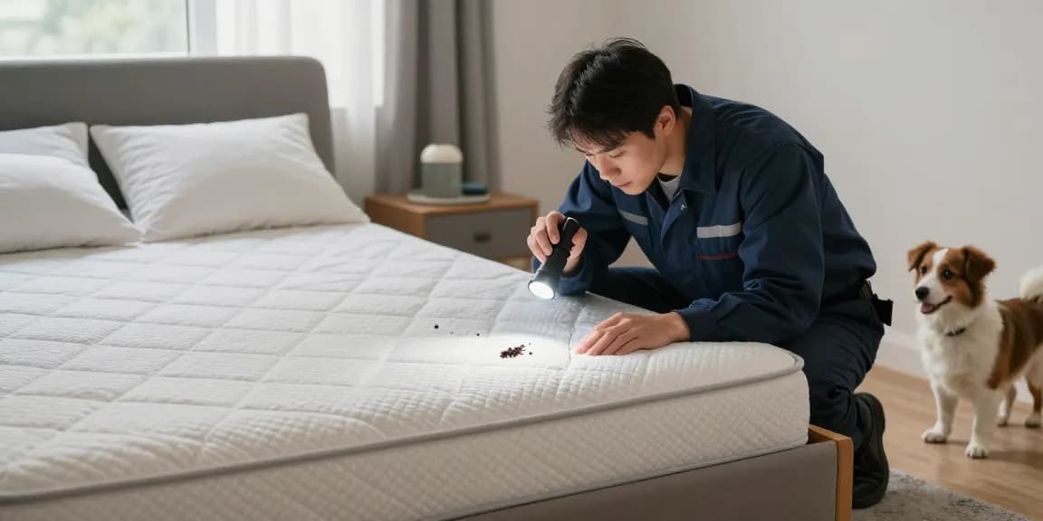 Effective bed bug control inspection in a cozy bedroom with a technician examining seams for pests.