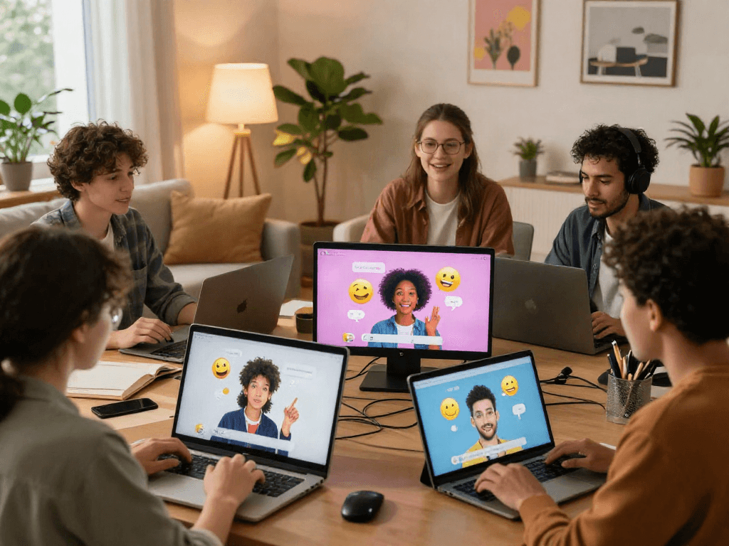 Engaging porn AI chat interaction showcasing diverse individuals in modern virtual chat rooms