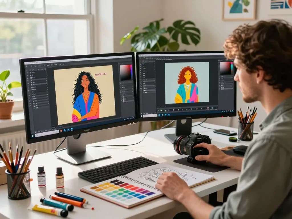 Creative digital artist using Nano Banana 2 AI image editor in a vibrant studio.