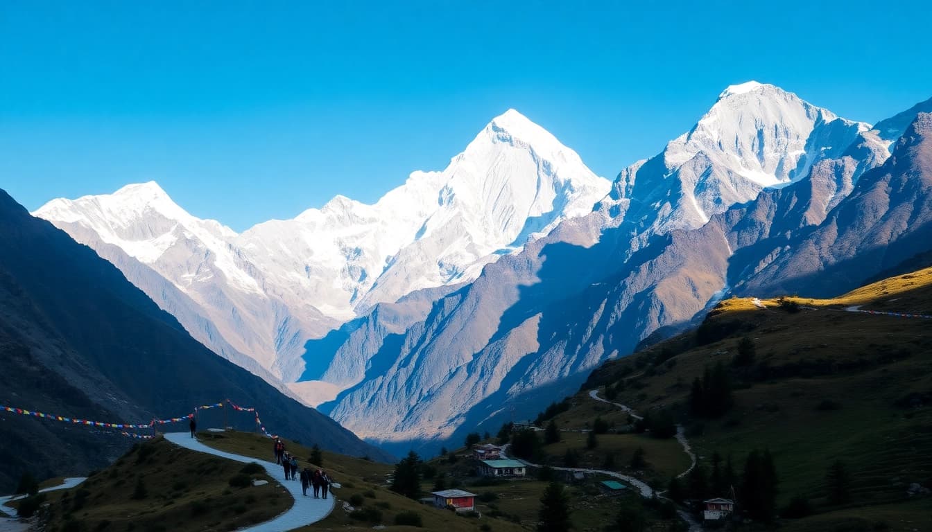 Trekkers journeying through the stunning Everest Base Camp Trek with Mount Everest in the backdrop.
