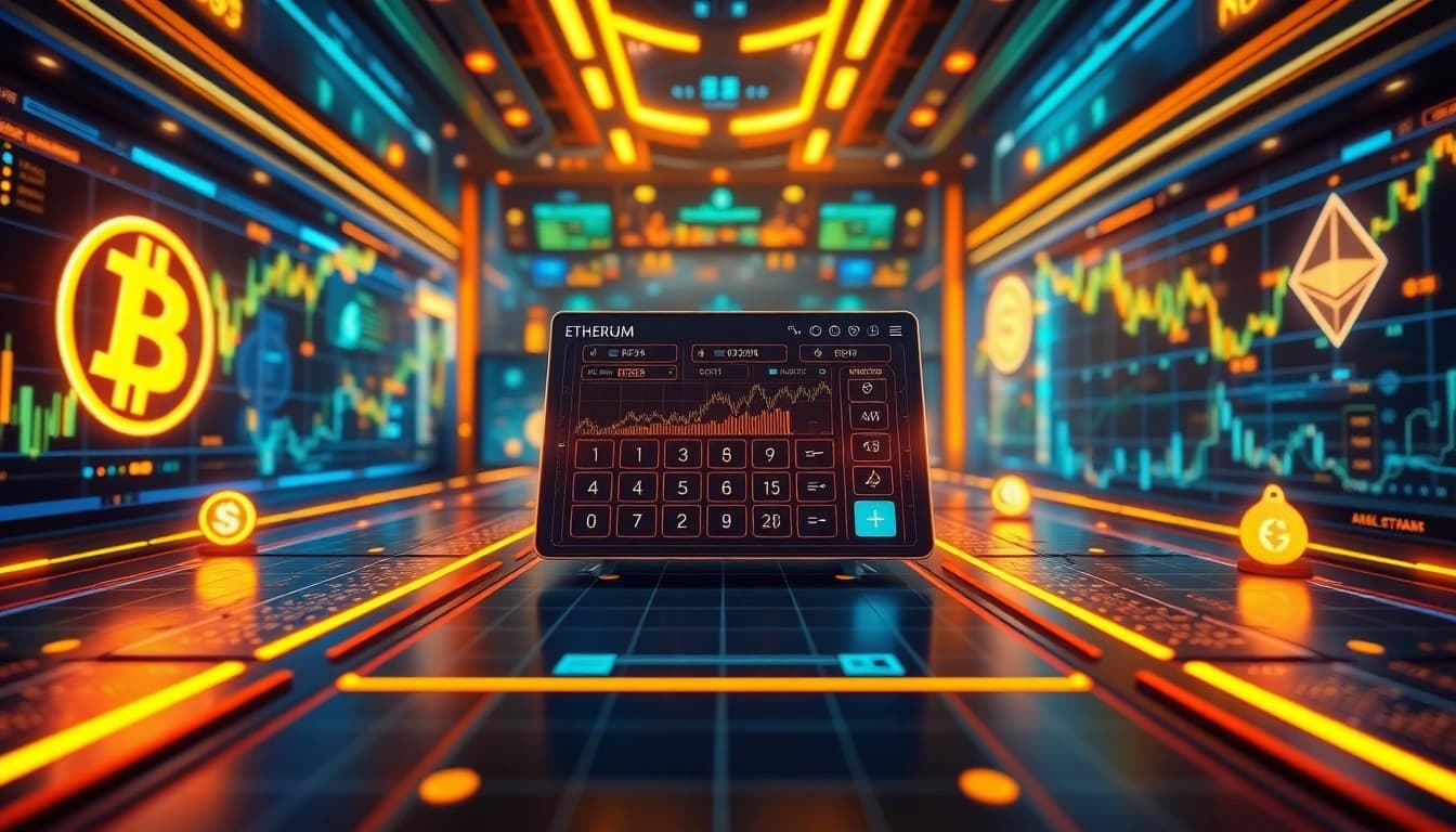 Calculator interface integrated into a dynamic cryptocurrency trading environment with blockchain visualizations and digital wallets.