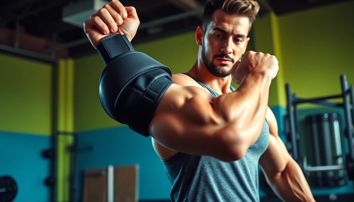 Athletic individual wearing a shoulder brace for weightlifting in a gym, highlighting support and strength.