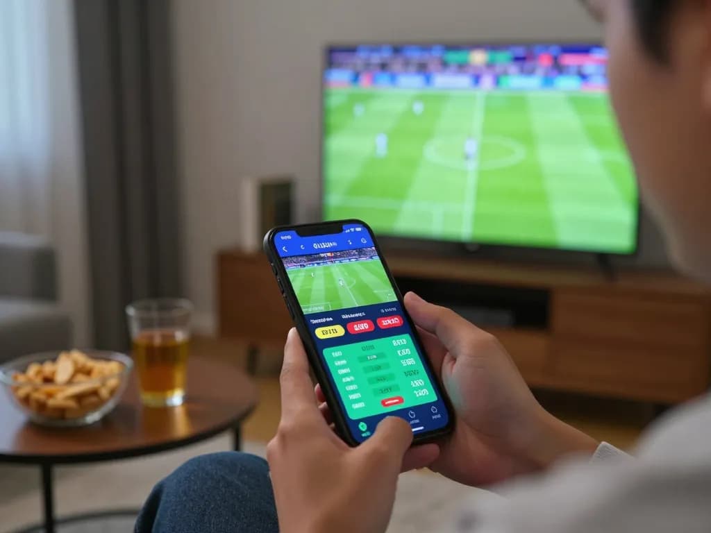 Tỷ lệ kèo nhà cái hôm nay displayed on a smartphone during an intense football match, showcasing engaging live betting activity