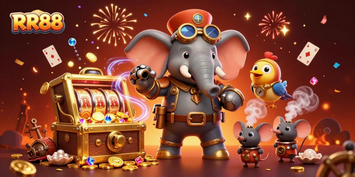 RR88 showcases a steampunk elephant spinning a golden slot machine, immersed in a vibrant casino atmosphere.
