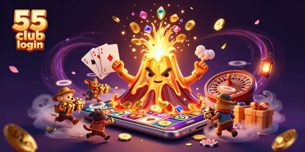 Experience the thrill of 55 club login with a whirlwind of coins and treasures erupting from a golden volcano.