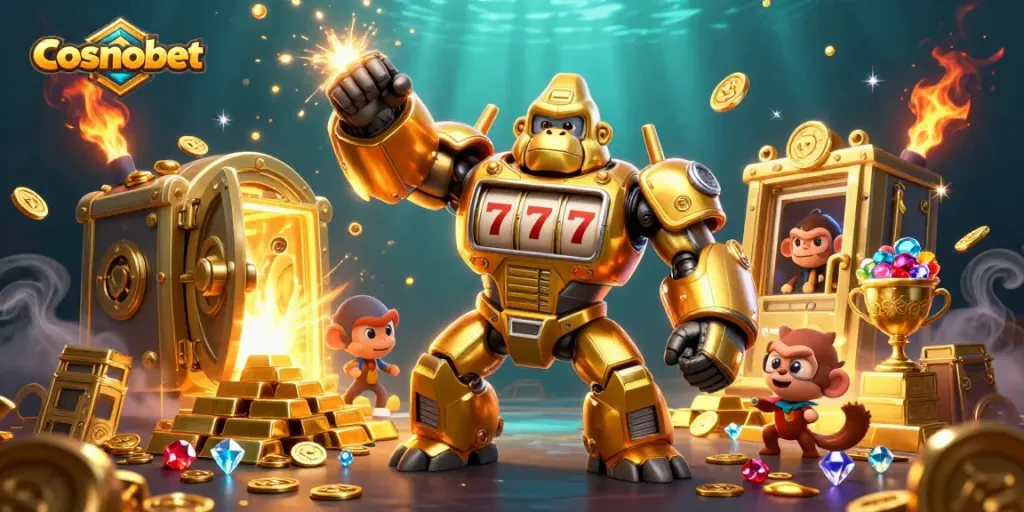 Experience cosmobet with a dynamic scene of a gorilla mech and treasures in a thrilling casino adventure.