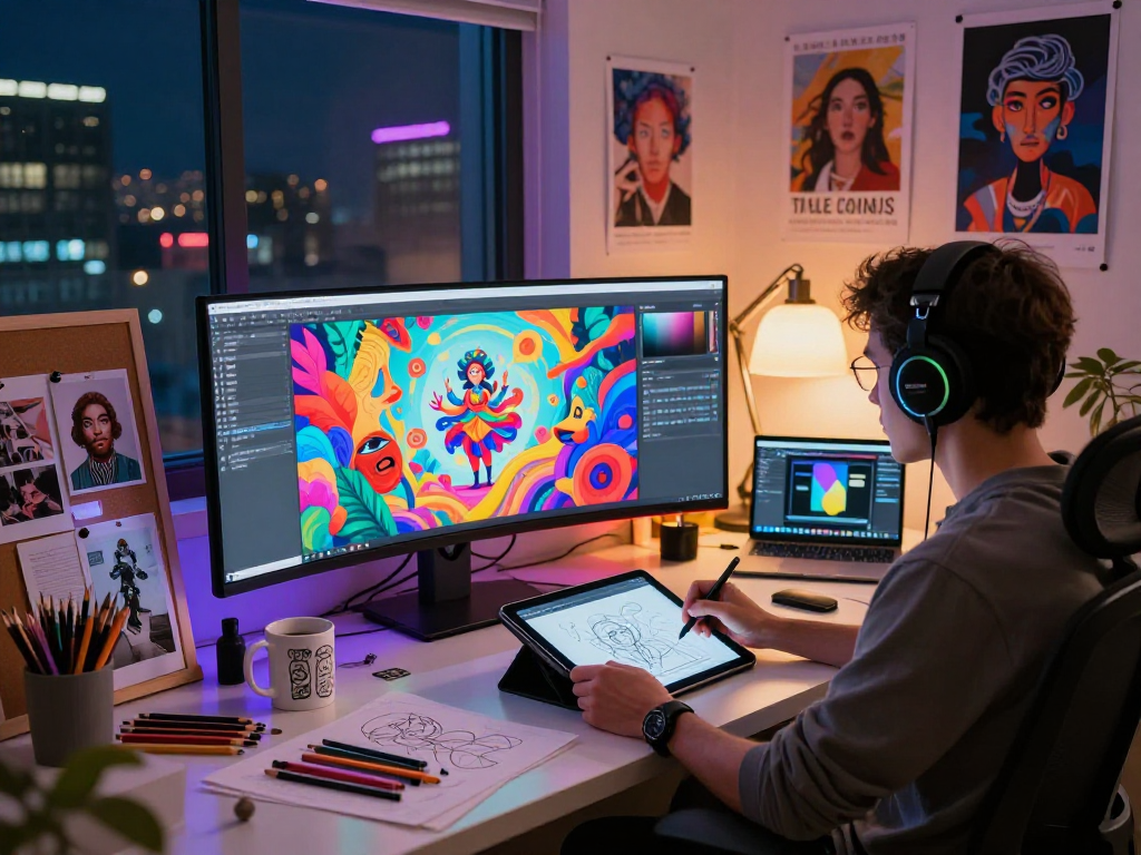 Creative artist generating ai nsfw illustrations in vibrant studio