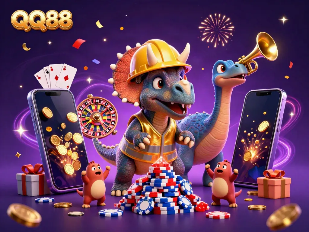 Celebrate gaming victories with QQ88 as a triceratops builds poker chip pyramids amidst a vibrant casino scene.