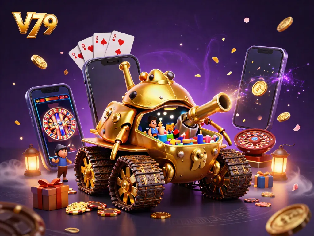 Experience excitement at V79 with a dazzling golden casino beetle tank and festive game elements.