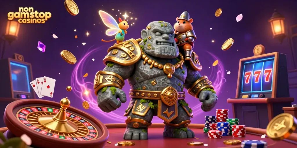 Experience the magic of non gamstop casinos with a vibrant 3D scene of a golem, fairy, and hamster knight in action.