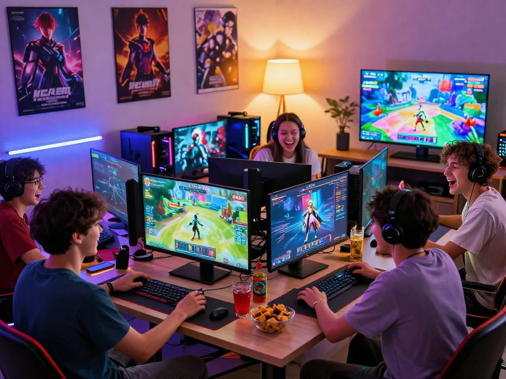 Friends enjoying a lively gaming session with hentai games on screens in a cozy living room.