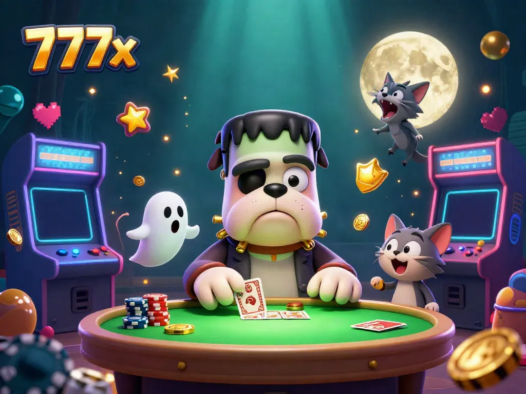 Experience the thrill of 777x casino with a whimsical scene featuring a bulldog dealer and ghost mouse.