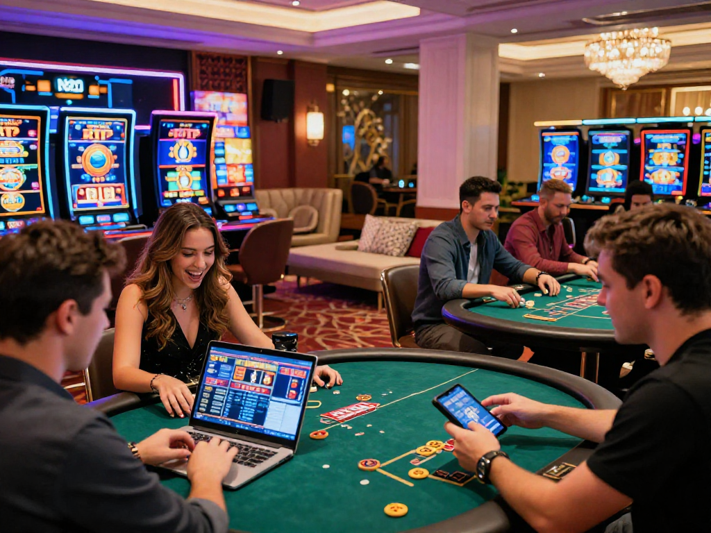 Excited players enjoying USA online casinos, engaged with high RTP slots and live dealer games on laptops and tablets.