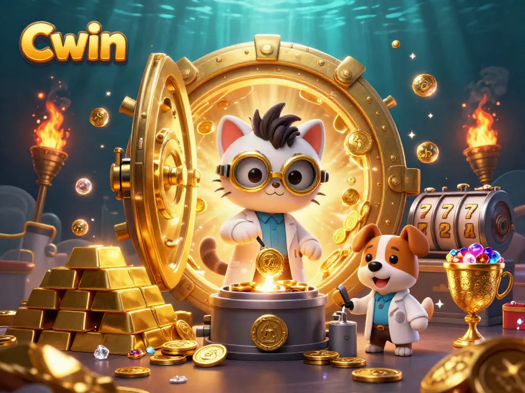 Cwin showcases a cartoon-style lab scene with a scientist cat and a dog assistant, illustrating lively gambling elements.