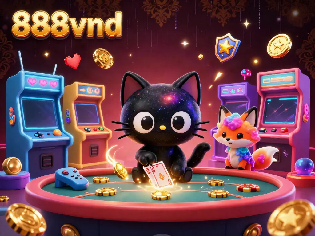 Experience the thrilling world of 888vnd with a cosmic casino scene featuring a black hole cat and a nebula fox.