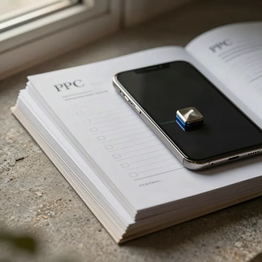 Macro of PPC audit folders, checklist cards, a phone silhouette and metal clip on warm stone.