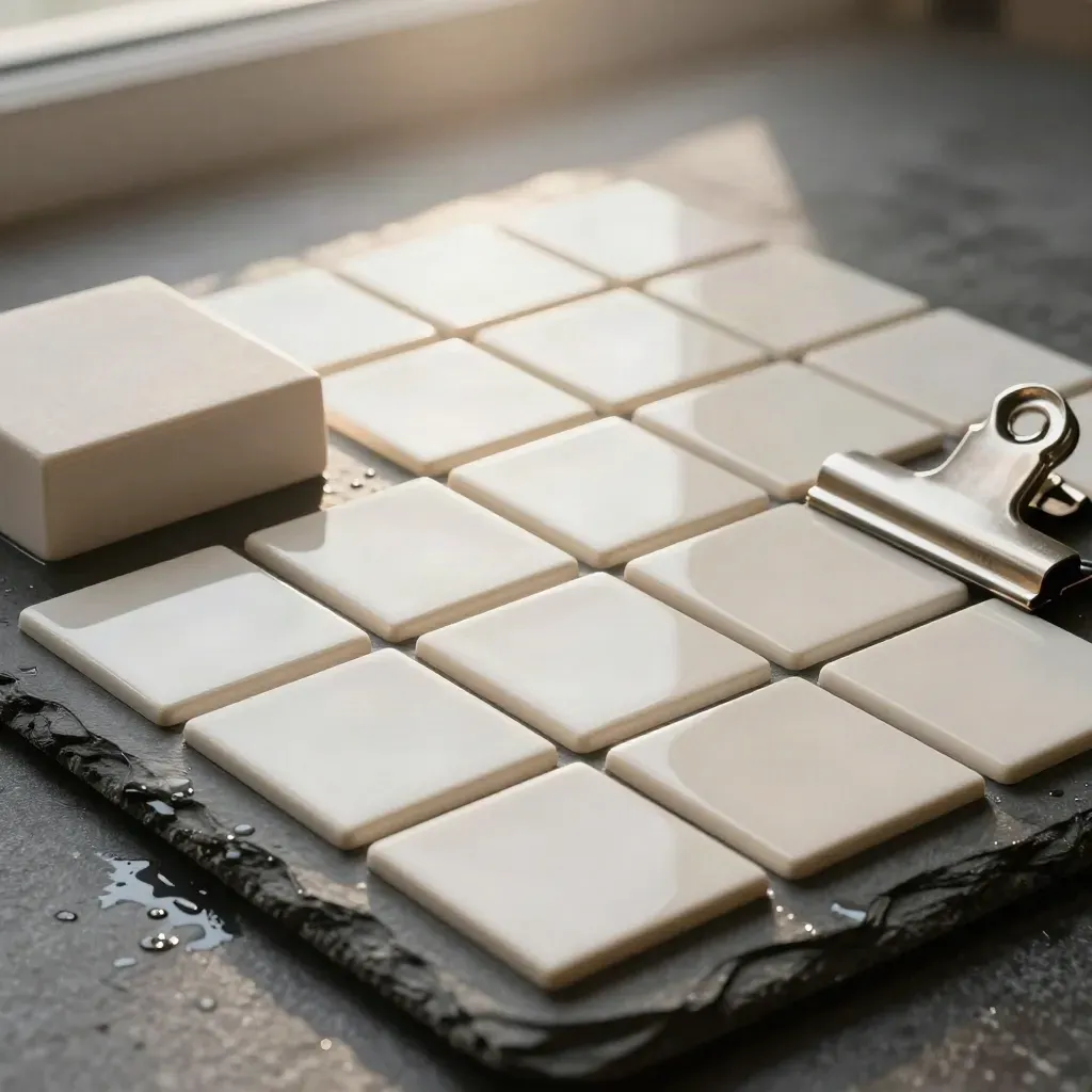 Top-down flatlay of blank product tiles, a ceramic block and metal clip on wet stone with condensation.