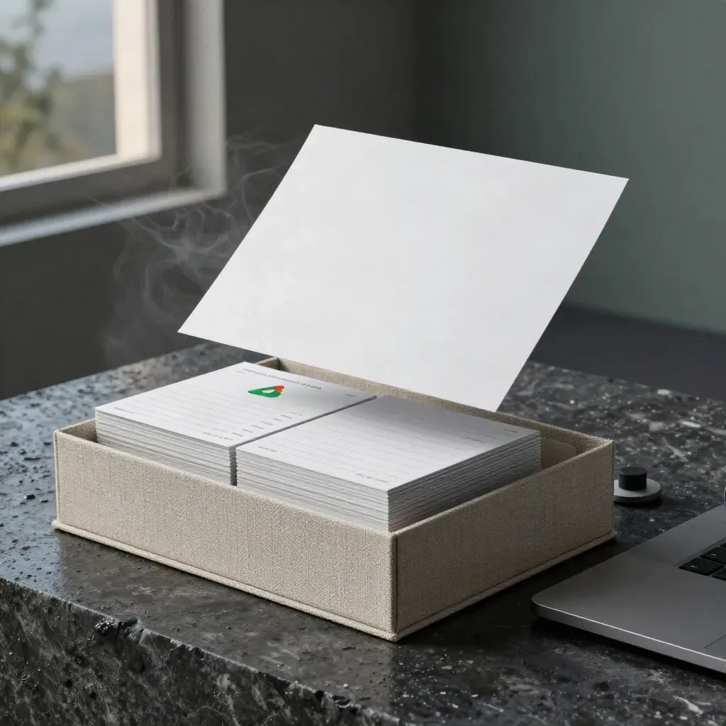 Matte PPC launch kit on damp stone with linen box, tabs, and a closed laptop edge in blue-hour mist.