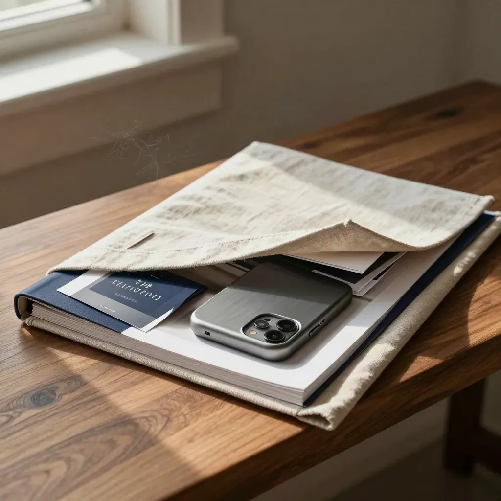 Landing-page kit tucked in linen on a walnut bench, with phone shell and mockup sheets.