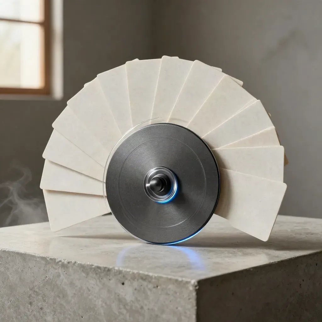 Blank cards and transparent rings orbit a dark disc on a concrete plinth in blue haze.