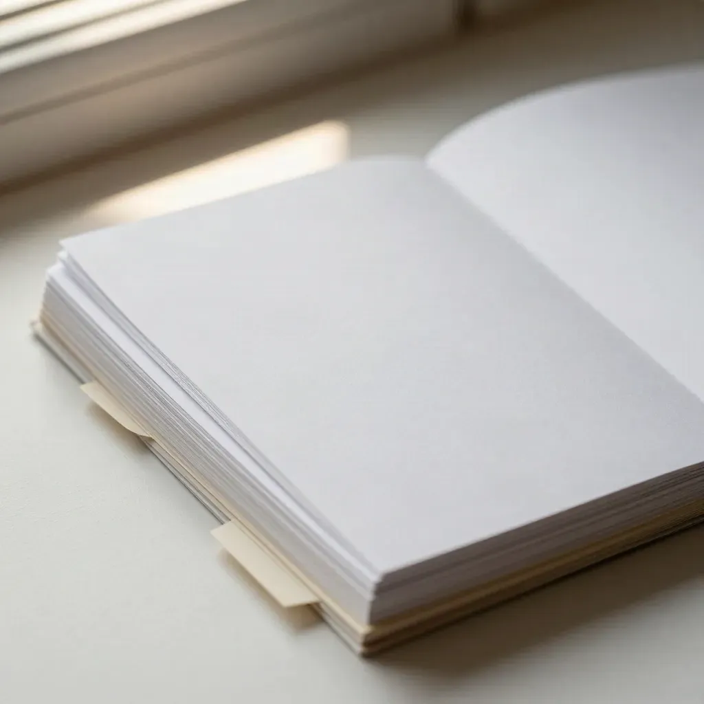 Blank index cards, paper tabs and clipped sheets fanned on pale plaster under soft light.