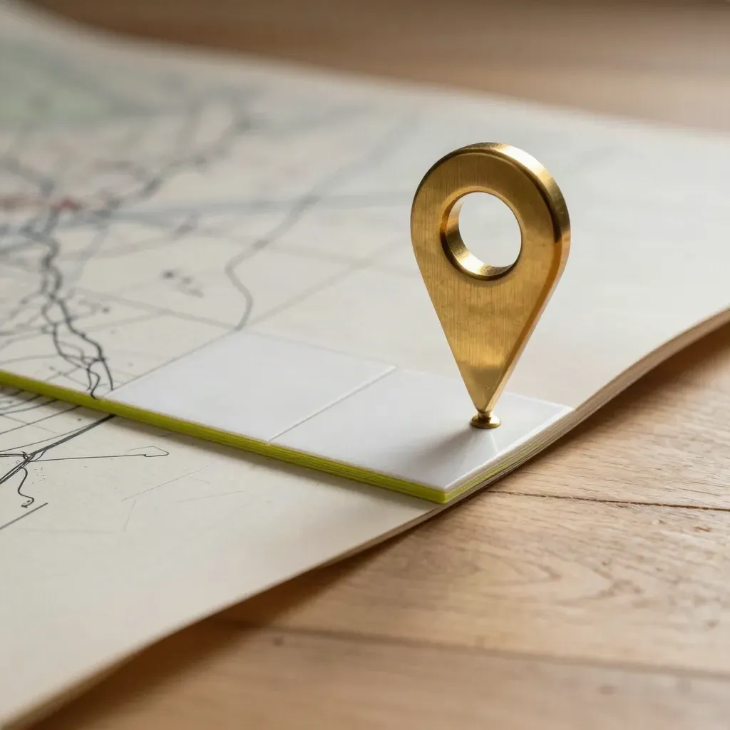 Macro setup kit with brass location pin, folded maps and tile on pale wood.