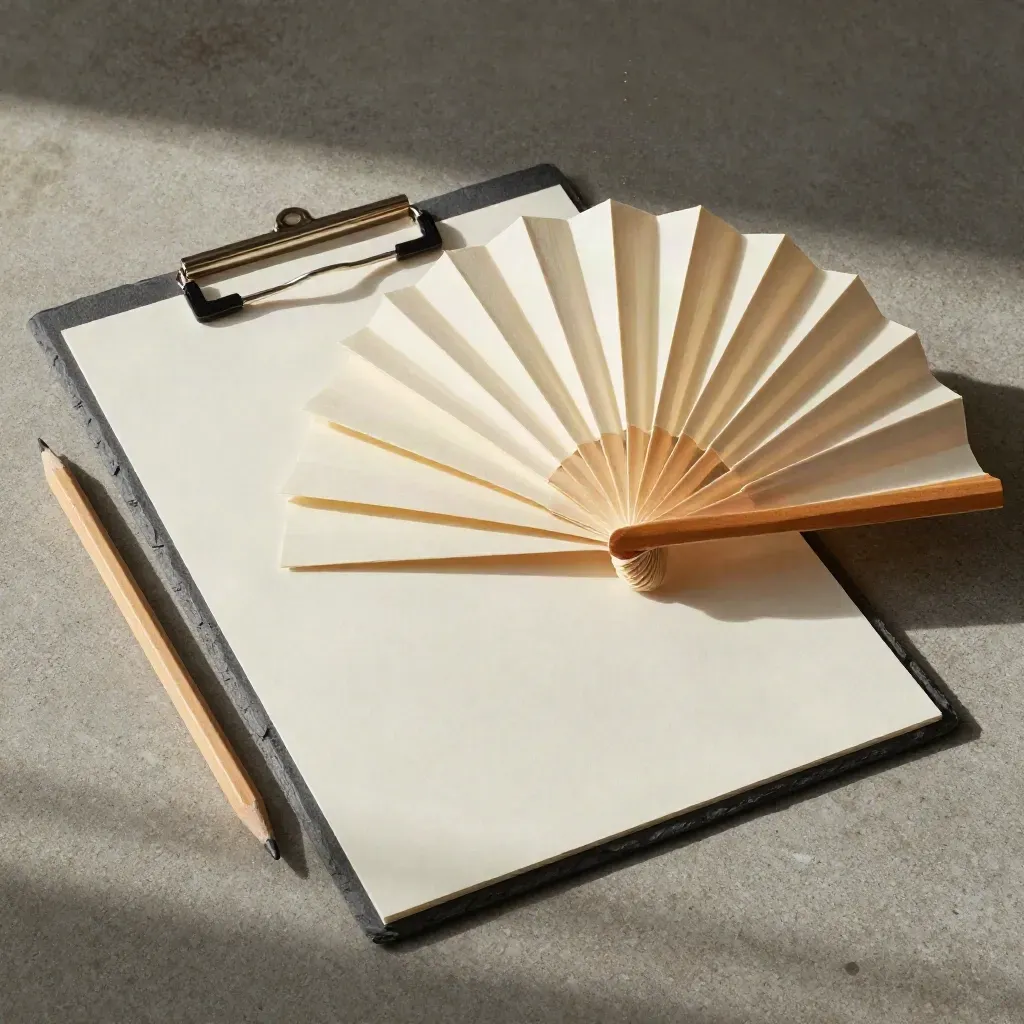 Overhead flatlay of blank slips, pencil and paper fan bursting on concrete with slate shadows.