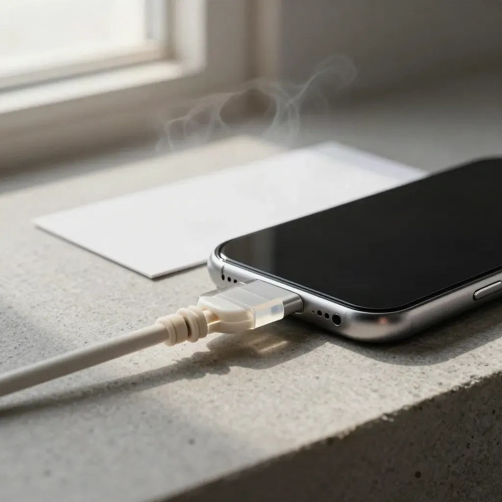 Macro of a conversion tracking bundle with cables, a phone silhouette, stone surface and cool vapor.