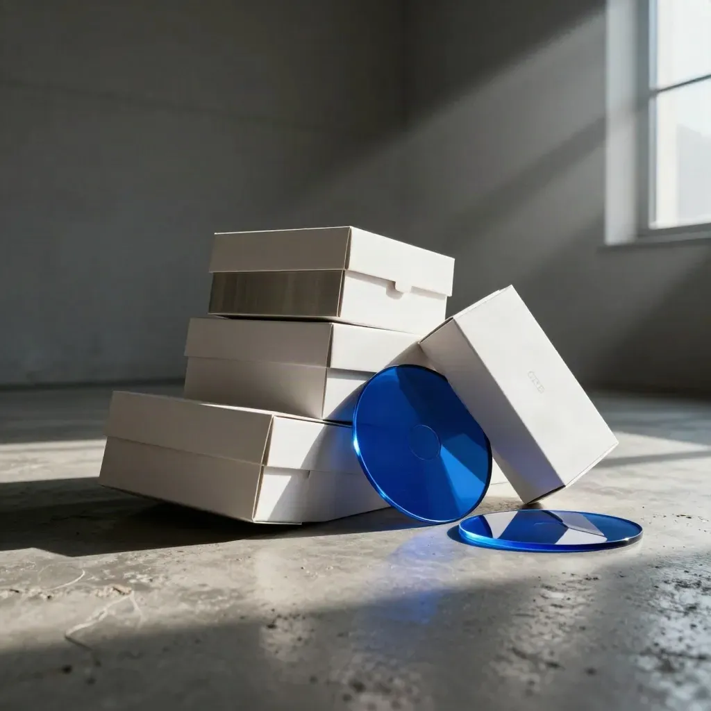 Stacked PPC growth pack boxes with blue-lit acrylic discs on concrete in dramatic haze