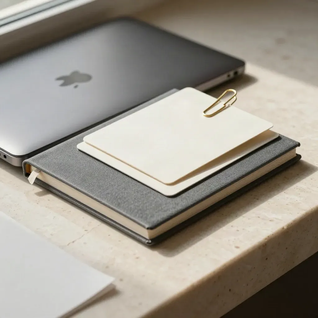 Graphite binder, blank cards, laptop silhouette and brass paperclip on pale travertine.