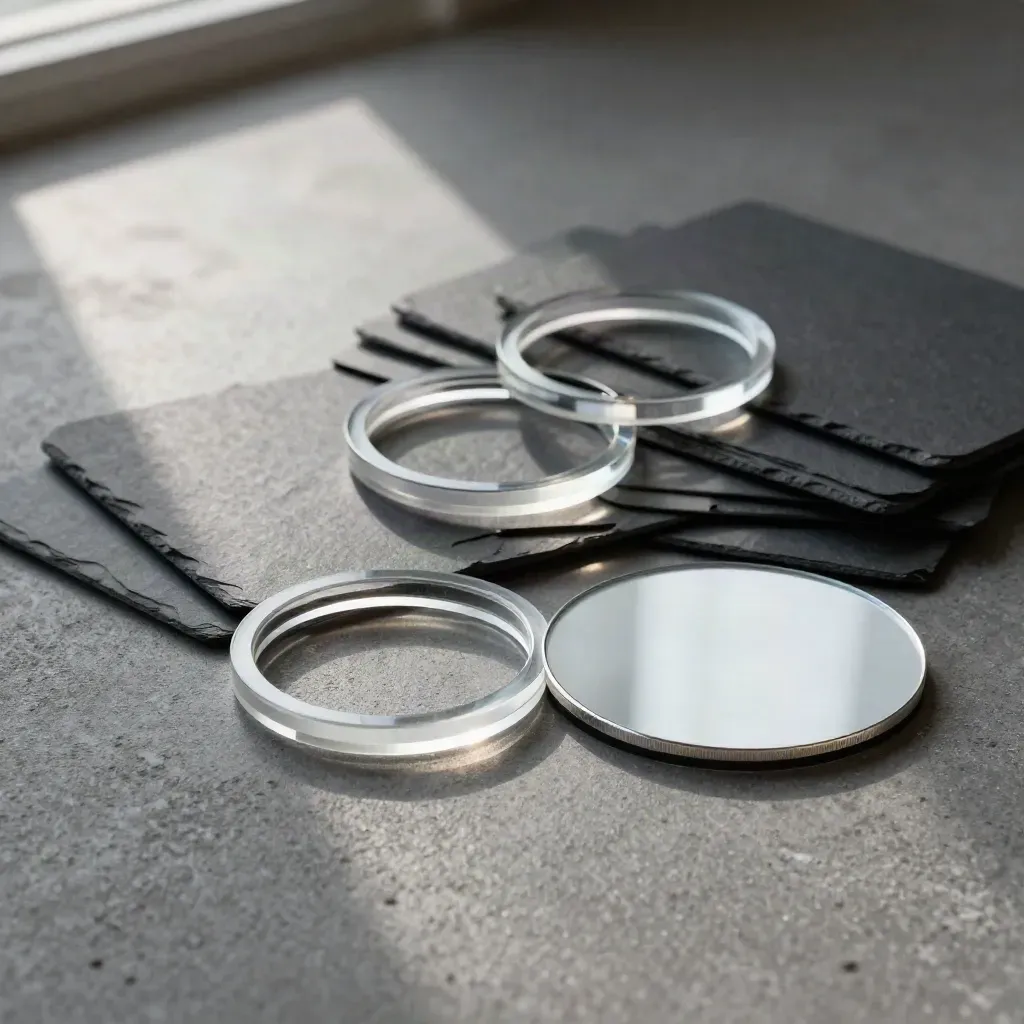 Slate cards, transparent rings and a reflective disc arranged on dark concrete in a tense loop.