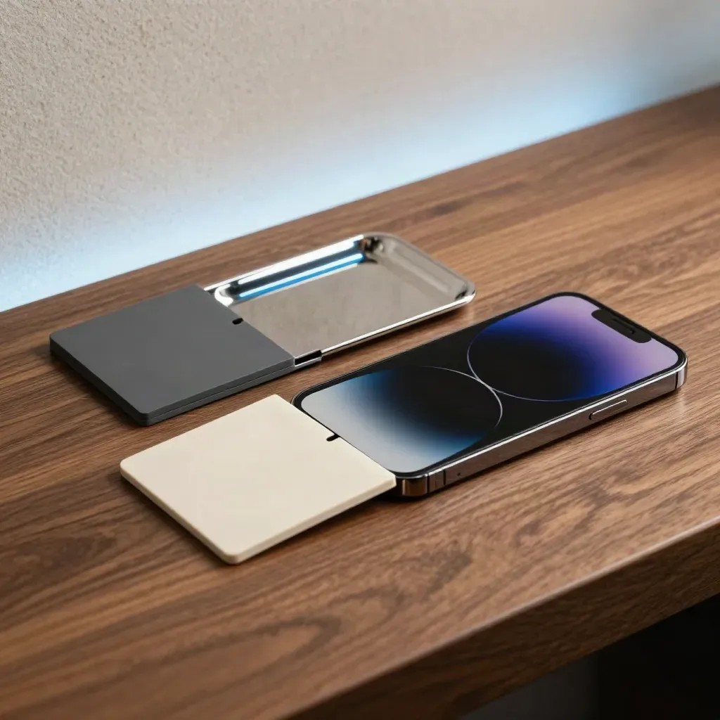 Audit tiles, chrome tray and folded phone mockup aligned on walnut in cool light.
