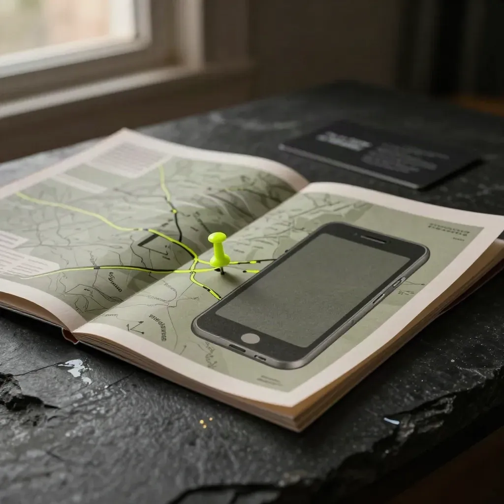 Dark product scene with map sheets, phone silhouette and postcode pin on stone.
